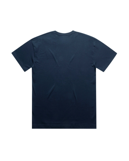 Back view of a navy blue Illest New York T-shirt with short sleeves and a round neckline on a white background.