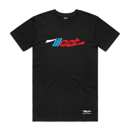 Black Illest Essentials T-shirt featuring a bold multicolored logo across the chest and a small label patch at the bottom.