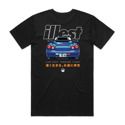 Black Illest Live Fast Tee featuring a graphic of a blue sports car, bold logo, and Japanese text, emphasizing speed and style.