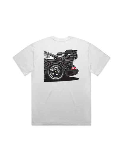 White T-shirt featuring a graphic of a black sports car's rear with a large spoiler and detailed wheel design.