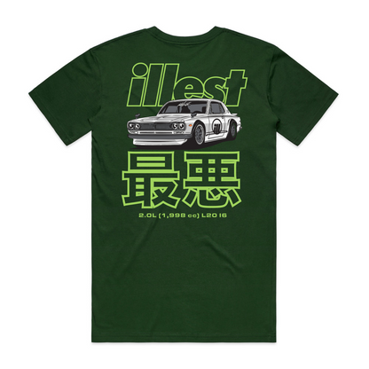 Green Illest Legend T-shirt featuring a vintage race car graphic, bold text, and Japanese characters with technical details.