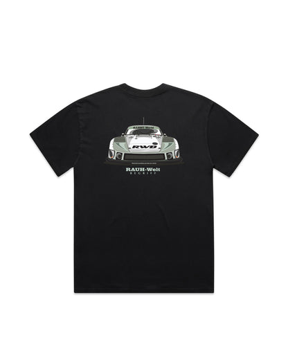 Black T-shirt featuring a graphic of a race car with "RWB" and "RAUH-Welt" branding on the back.