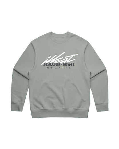 Light gray crewneck sweatshirt featuring bold black and white graphic text and design on the front, with a relaxed fit.