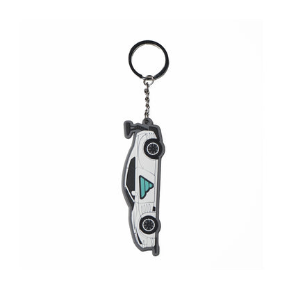 Fatlace GTR car-shaped keychain with a black metal ring and chain, featuring a detailed white and black design.