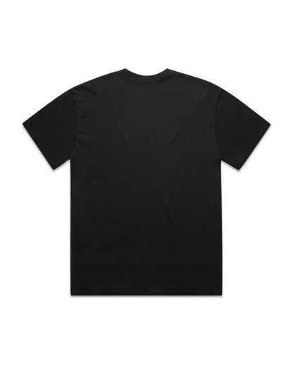Back view of a faded black T-shirt with a simple crew neck, featuring minimal branding and a relaxed fit.