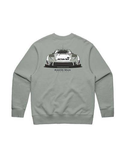 Illest Rough-World Sage Crewneck featuring a graphic of a race car with branding and text on a light gray fabric.