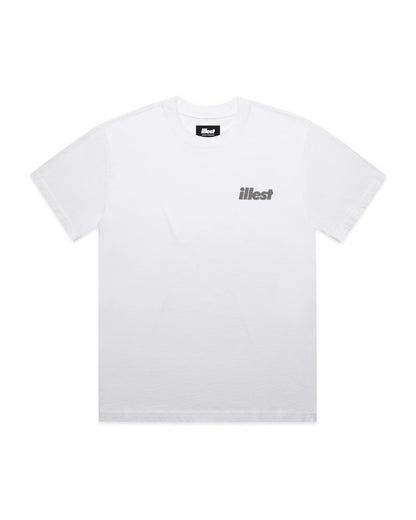 White faded T-shirt with the Illest logo printed on the chest, featuring a relaxed fit and casual streetwear style.
