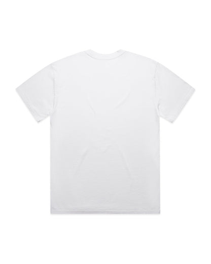 Back view of a faded white T-shirt with a simple crew neck, featuring minimal design and a relaxed fit.