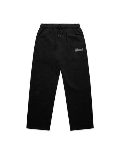Black loose fit sweatpants with an elastic waistband, drawstring, and Illest logo on the thigh.
