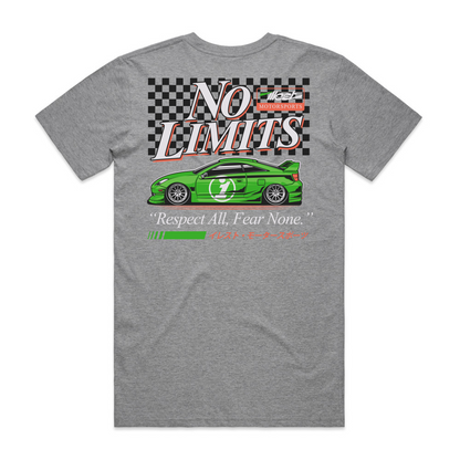 Gray T-shirt featuring a green race car graphic, bold "No Limits" text, and the phrase "Respect All, Fear None" with Japanese characters.