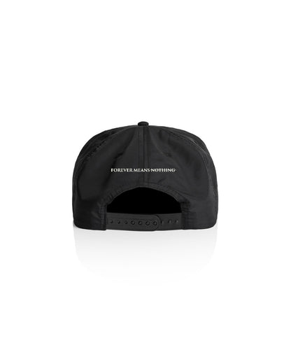 Black baseball cap with "Forever Means Nothing" embroidered on the back, adjustable strap, and a curved brim.