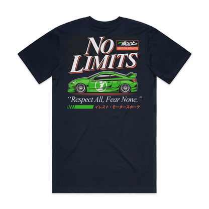 Black T-shirt featuring a green race car graphic, bold "No Limits" text, and Japanese characters with racing-inspired design elements.