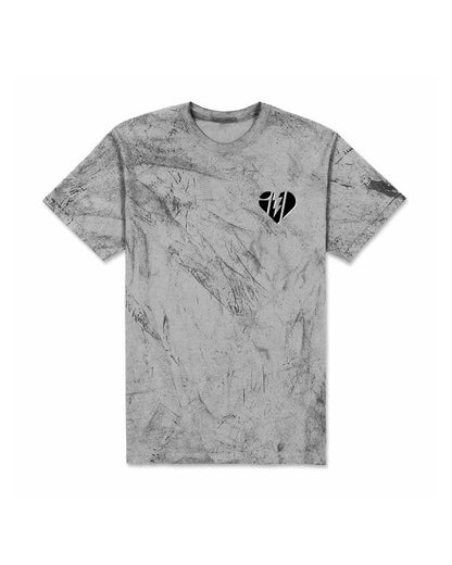 Gray distressed T-shirt featuring a small black heart with a lightning bolt and text design on the chest.