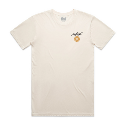 Illest Hako Saku T-shirt in cream with black and gold graphic logo on the chest, featuring the brand name and a stylized flower design.
