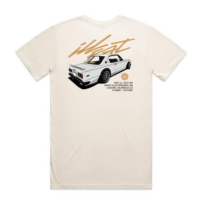 Illest Hako Saku Tee features a graphic of a white vintage car with stylized text and branding details on a cream-colored background.