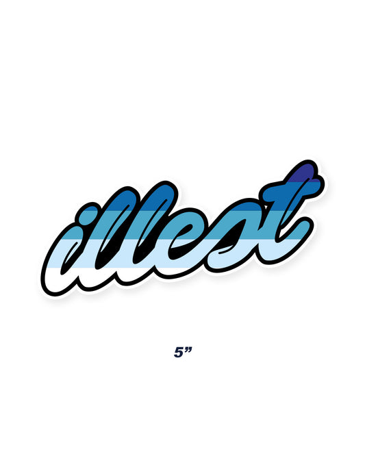 Blue Illest script 5-inch sticker with black outline, featuring a gradient of blue shades in a cursive font.
