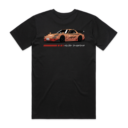 Black Illest Racing Factory T-shirt featuring a graphic of a race car with Japanese text and red graphic accents on the back.