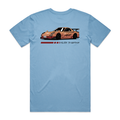 Illest Racing Factory Tee featuring a graphic of a stylized race car with Japanese text and design elements on a light blue background.