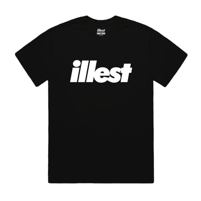 Black T-shirt with bold white "illest" logo across the chest, featuring a classic crew neck and short sleeves.