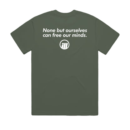 Olive green Illest Bold Logo Cypress T-shirt featuring a quote and a circular logo on the back.