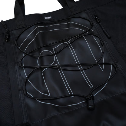 Black travel tote bag with a front zip pocket, adjustable bungee cord, and white logo design, ideal for travel and daily use.