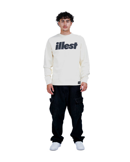 Men wearing an off-white crewneck sweatshirt with a bold "illest" logo on the front, paired with black cargo pants and white sneakers.