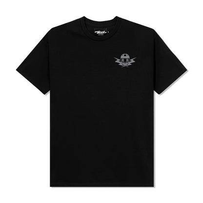 Black Illest x Evasive Perfect Balance T-shirt featuring a small graphic of a helmeted figure with lightning bolts on the chest.
