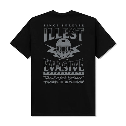 Black Illest x Evasive Perfect Balance T-shirt featuring a graphic of a racing helmet, bold text, and Japanese characters on the back.