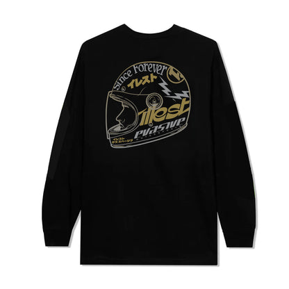 Black long sleeve shirt featuring a graphic design of a helmet, racing elements, and the text Illest x Evasive Since Forever.