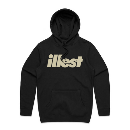 Black hoodie with large beige Illest bold logo across the chest, featuring a front pouch pocket and adjustable drawstring hood.
