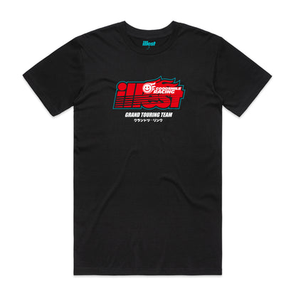 Black ILLEST x GOODSMILE GT TEE featuring a colorful racing logo with Japanese text, a smiley face, and team branding on the front.