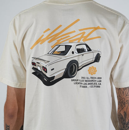 Illest Hako Saku T-shirt featuring a graphic of a vintage white car with black accents, orange stylized text, and research lab details.