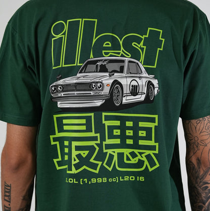 Green Illest Legend Tee featuring a graphic of a classic car, bold neon text, and technical specifications in a modern design.