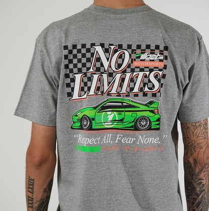 Gray T-shirt featuring a green sports car graphic, bold "No Limits" text, and motivational quote with Japanese characters.