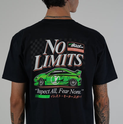 Back of black T-shirt featuring a neon green race car graphic, bold "No Limits" text, and a quote about respect and fear.