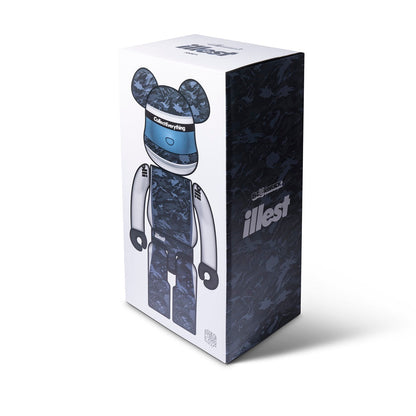 Box packaging of a 1000% BE@RBRICK collectible figure featuring a dark blue camouflage design and branding elements.