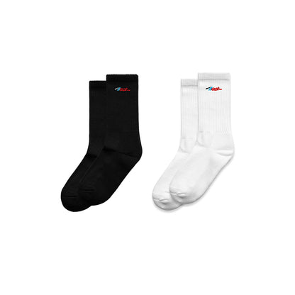 Pair of black and white high crew socks with embroidered Illest logo, sold as a 2-pack, designed for style and comfort.