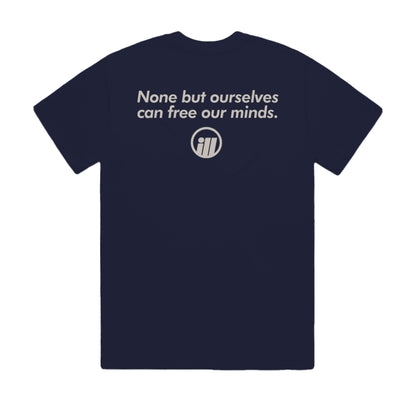 Navy T-shirt featuring the bold Illest logo and the phrase None but ourselves can free our minds printed on the back.