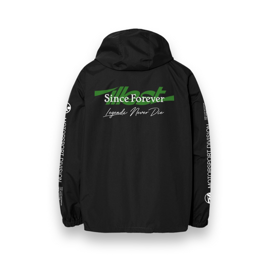 Black Anorak jacket featuring "Since Forever" text, green logo, and "Legends Never Die" slogan with printed sleeves.
