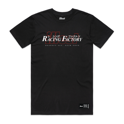 Black Illest Racing Factory T-shirt with bold white and red graphic text, Japanese characters, and a small black label at the bottom.