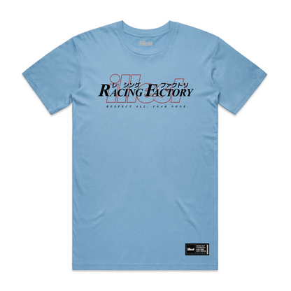 Light blue Illest Racing Factory T-shirt with bold black and red graphic text, Japanese characters, and a small black label at the bottom.