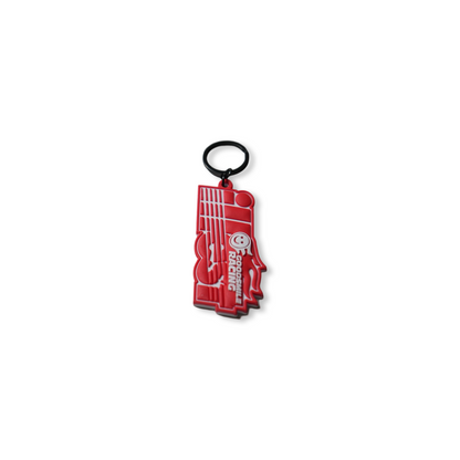 Red rubber keychain featuring the ILLEST x GOODSMILE GT RACING logo, with a smiling face and racing-themed design.