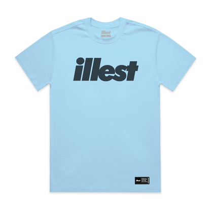 Illest Bold Logo Miami Blue T-shirt featuring a large black "illest" logo across the chest and a small black label at the bottom.