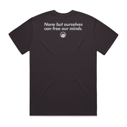 Black Illest Bold Logo Mulch T-shirt with a quote on the back reading None but ourselves can free our minds and a circular logo below.