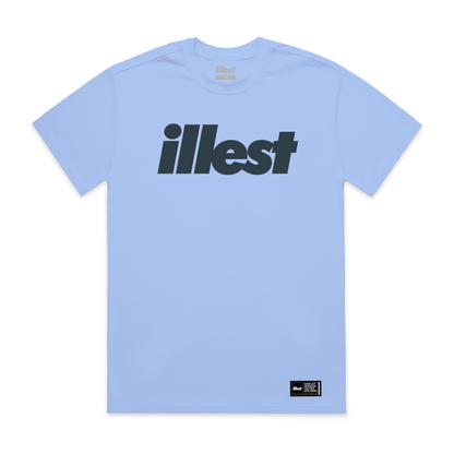 Light periwinkle T-shirt featuring a bold black "illest" logo across the chest and a small black label at the bottom.
