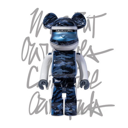 A limited edition 1000% BE@RBRICK figure featuring a blue camouflage pattern, with "Collect Everything" on its visor.