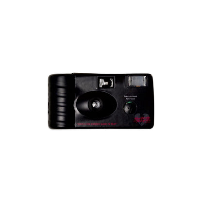 Black disposable camera with a flash, lens, and red text reading Love is the hardest game to play, against a white background.