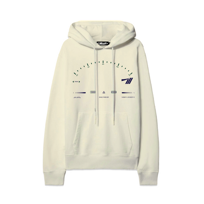 White hoodie with a graphic design featuring a speedometer, brand logo, and text reading "Since Forever" on the front.