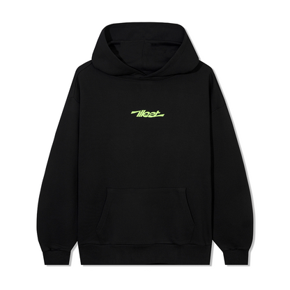 Black Hakosuka premium hoodie with a neon green logo on the chest, featuring a front pocket and a drawstring hood.