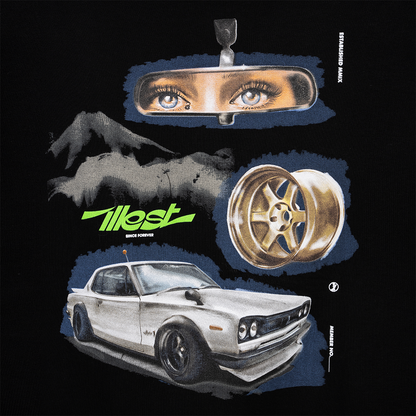 Black hoodie featuring a collage of a rearview mirror with eyes, a mountain landscape, a gold wheel, and a classic white car design.